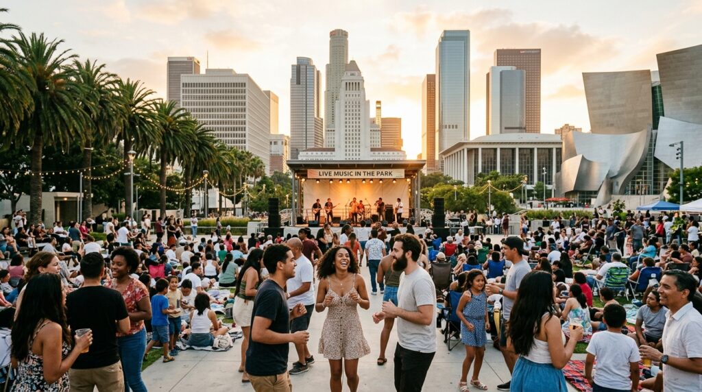 Crowd enjoying a free summer event in Downtown Los Angeles