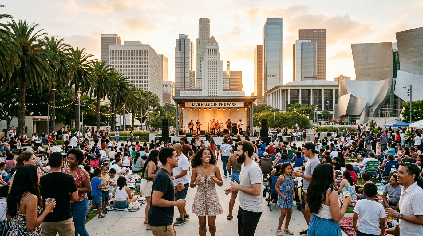 Crowd enjoying a free summer event in Downtown Los Angeles
