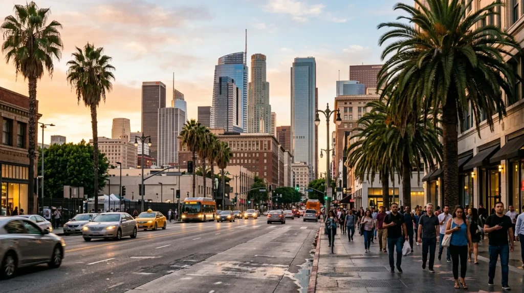 Downtown Los Angeles skyline and street life at golden hour