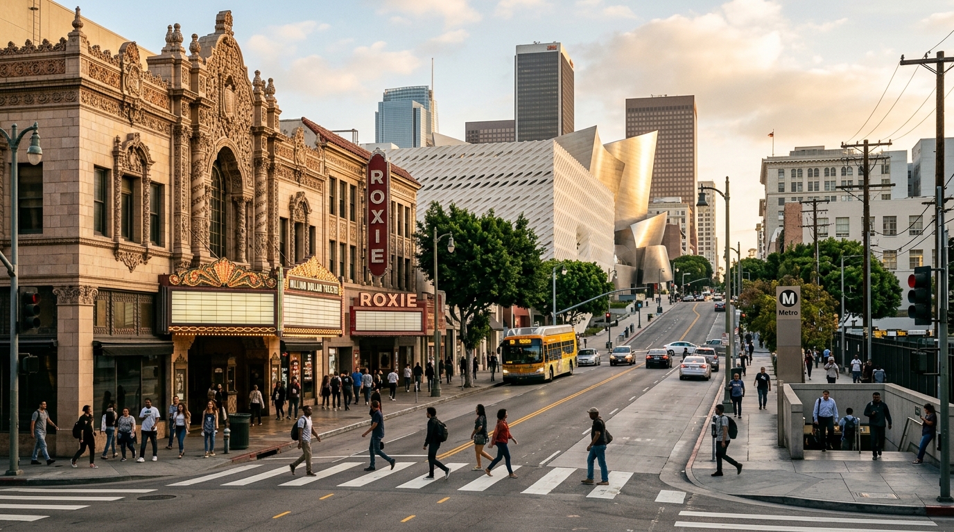 Historic Broadway walking route toward the Bunker Hill arts district