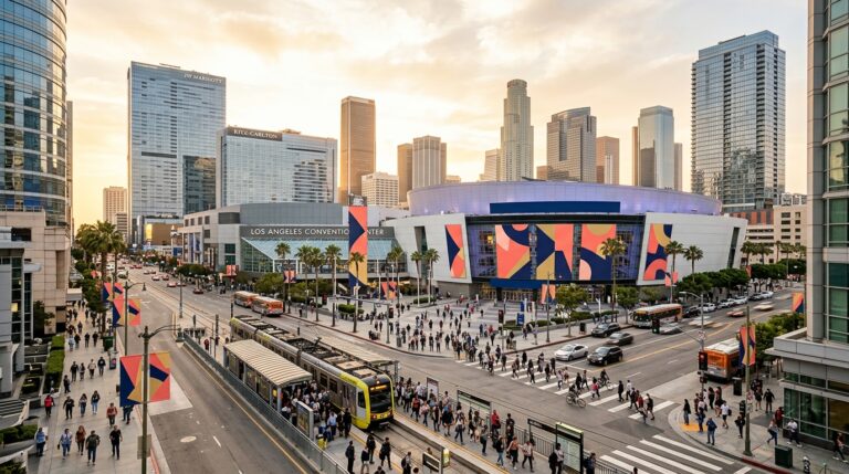 LA28 venues and skyline in Downtown Los Angeles