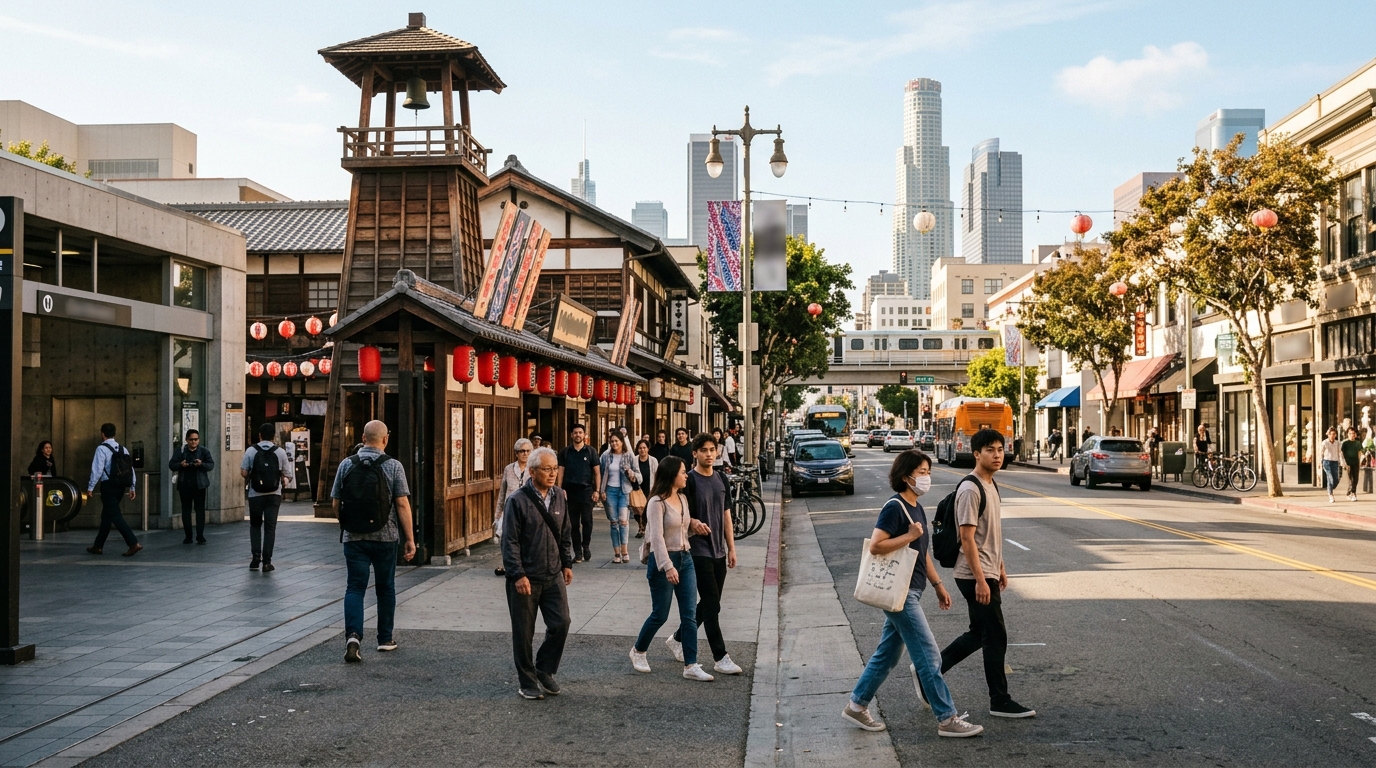 Pedestrians exploring Little Tokyo near the Downtown Los Angeles Metro station