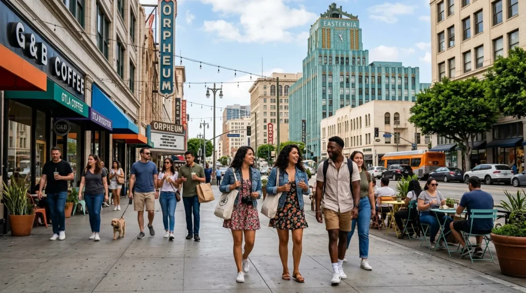 Pedestrians exploring a Downtown Los Angeles neighborhood on the weekend
