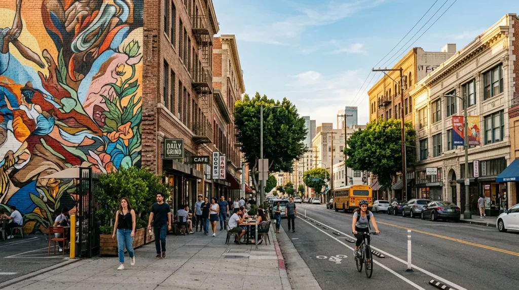 Pedestrians exploring a vibrant Downtown Los Angeles neighborhood