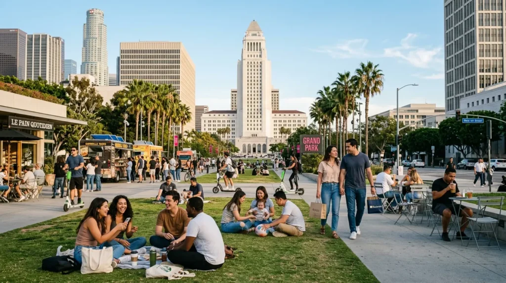 People enjoying a weekend in Downtown Los Angeles