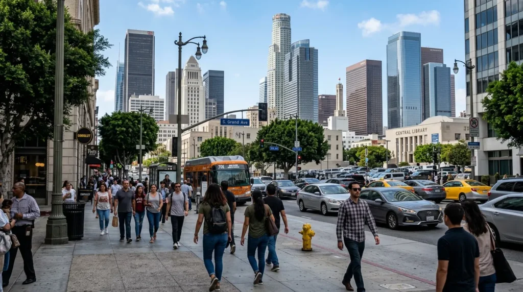 treet-level view of people and architecture in Downtown Los Angeles