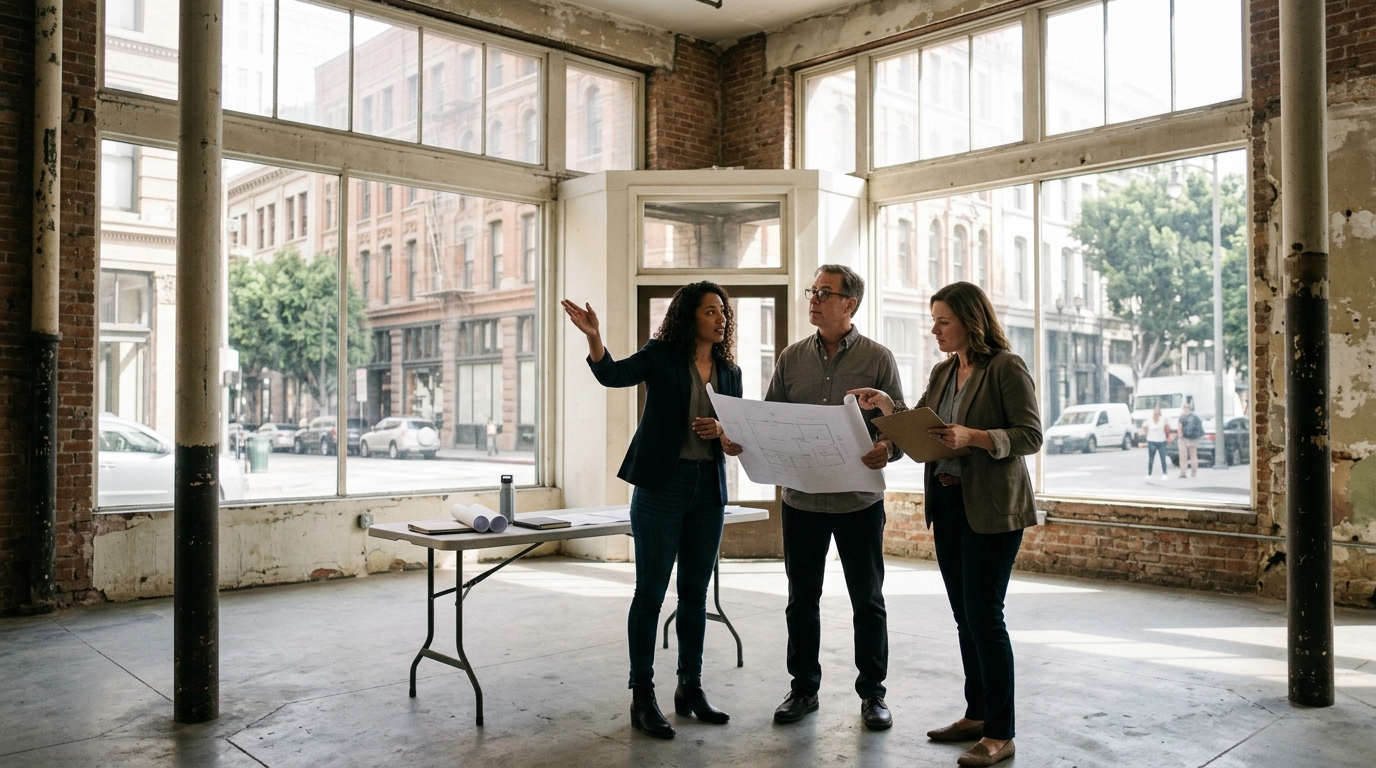 Small business owner reviewing an available DTLA storefront through the Vacant to Vibrant program